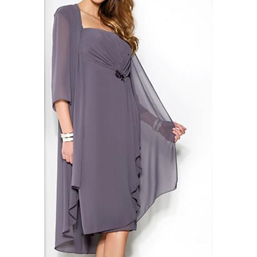 

Sheath / Column Mother of the Bride Dress Elegant Sexy Square Neck Knee Length Chiffon 3/4 Length Sleeve with Ruffles 2021