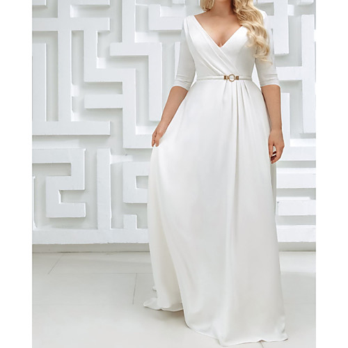 

A-Line Wedding Dresses V Neck Sweep / Brush Train Stretch Satin Half Sleeve Country Plus Size with Sashes / Ribbons Side-Draped 2021