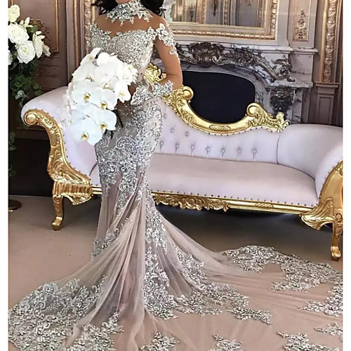 

Mermaid / Trumpet Wedding Dresses High Neck Court Train Polyester Long Sleeve Formal Plus Size with Lace Insert Appliques 2021