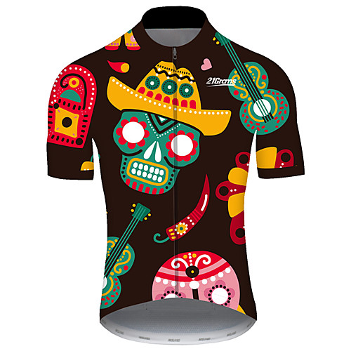 

21Grams Men's Short Sleeve Cycling Jersey Spandex Polyester Black / Green Skull Floral Botanical Bike Jersey Top Mountain Bike MTB Road Bike Cycling UV Resistant Breathable Quick Dry Sports Clothing