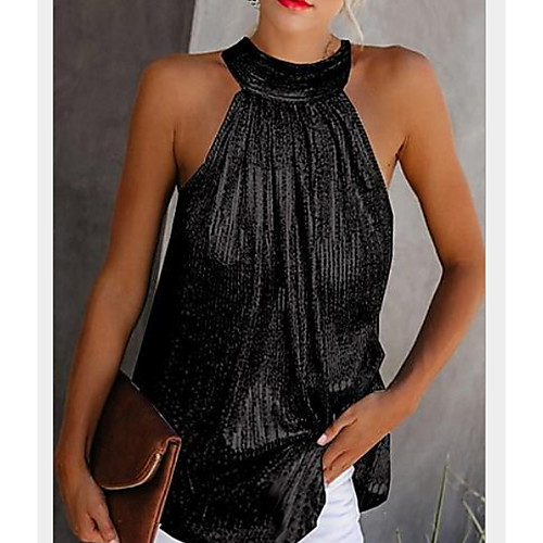 

Women's Plus Size Blouse Tank Top Shirt Solid Colored Plain Sexy Sequins Pleated Cut Out Halter Neck Tops Basic Top Black Yellow Silver