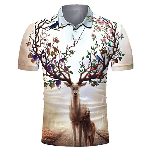 

Men's Color Block 3D Deer Print Polo Rock Exaggerated Club Weekend Shirt Collar Light Brown / Short Sleeve / Animal