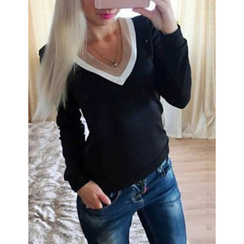 

Women's Color Block Patchwork T-shirt Daily V Neck White / Black / Beige