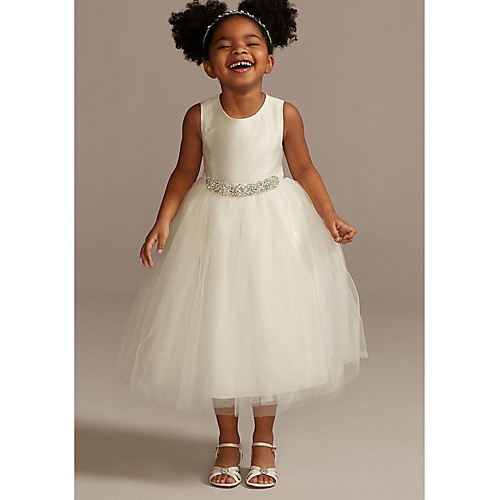 

A-Line Ankle Length Wedding Flower Girl Dresses - Tulle Sleeveless Jewel Neck with Beading / Solid