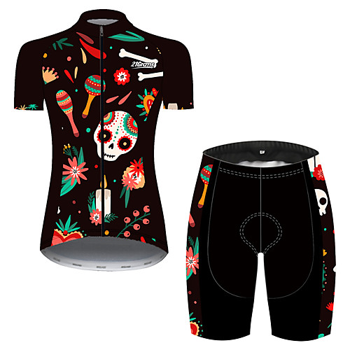 

21Grams Women's Short Sleeve Cycling Jersey with Shorts Spandex Polyester Black / Red Skull Floral Botanical Bike Clothing Suit Breathable Quick Dry Ultraviolet Resistant Sweat-wicking Sports Skull