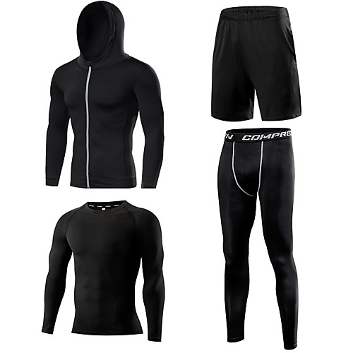 

Men's Patchwork Activewear Set Workout Outfits Compression Suit Athletic Athleisure 4pcs Long Sleeve Elastane Thermal Warm Moisture Wicking Quick Dry Fitness Gym Workout Running Active Training