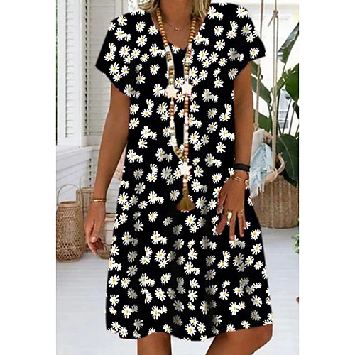 

Women's Shift Dress Daisy Knee Length Dress - Short Sleeves Floral Print V Neck Casual Black Red Light Green S M L XL XXL XXXL XXXXL XXXXXL