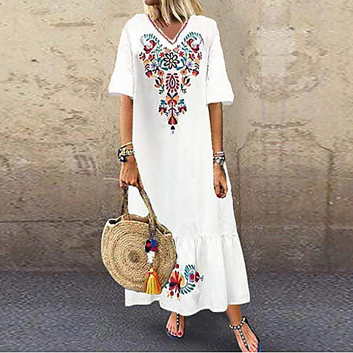 

Women's Plus Size A-Line Dress Maxi long Dress - Short Sleeves Tribal Print Summer V Neck Boho Holiday Vacation Beach Loose 2020 White Red Navy Blue M L XL XXL XXXL XXXXL XXXXXL