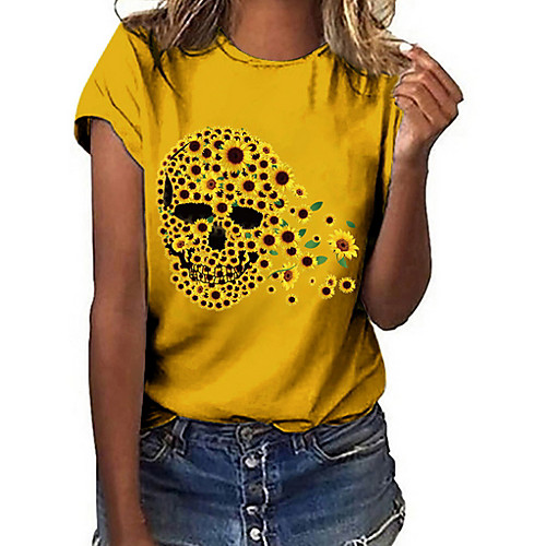 

Women's T shirt Geometric Print Round Neck Tops Cotton Basic Top White Black Blue