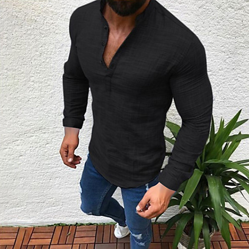 Men's Shirt Solid Colored Plus Size Collar Round Neck Long Sleeve Tops Cotton Simple Comfortable White Black Gray / Hand wash / Wet and Dry Cleaning/Causal Shirts/Summer