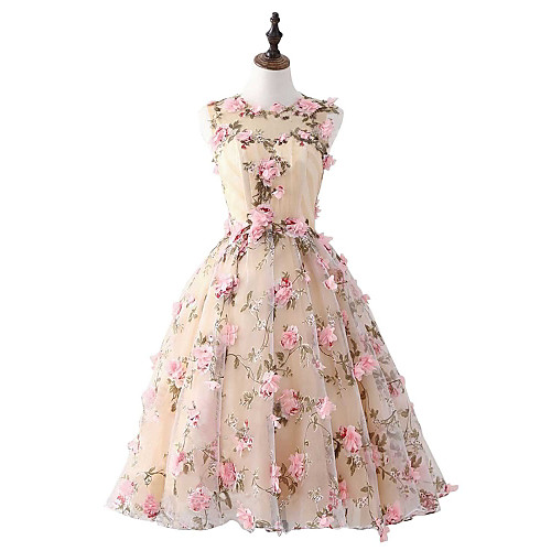 

A-Line Floral Pink Homecoming Cocktail Party Dress Jewel Neck Sleeveless Short / Mini Satin with Appliques 2020