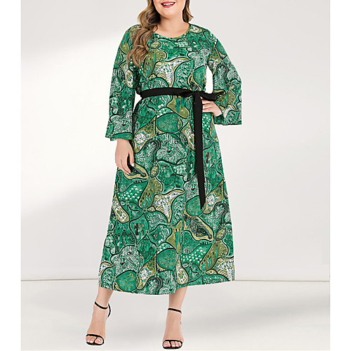 

Women's Plus Size Maxi A Line Dress - Long Sleeve Floral Pleated Patchwork Spring & Summer Fall & Winter Casual Boho Daily Going out Flare Cuff Sleeve Green L XL XXL XXXL XXXXL