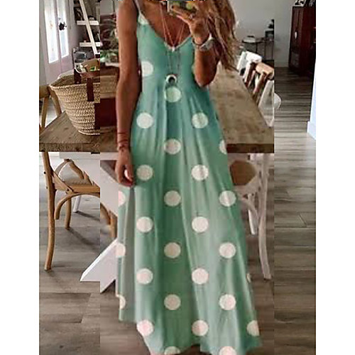 

Women's Maxi A Line Dress - Sleeveless Polka Dot Spring & Summer Strap Holiday Vacation Beach Blushing Pink Green Gray S M L XL XXL XXXL