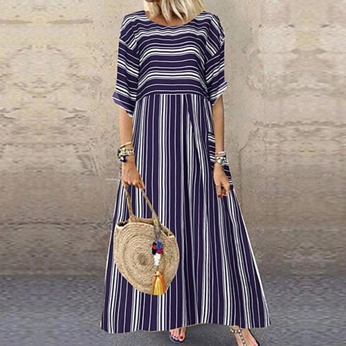 

Women's Loose Maxi long Dress Black Blue Red Half Sleeve Striped Summer Round Neck Casual / Daily 2021 S M L XL XXL 3XL