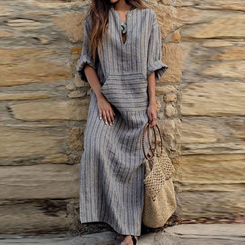 

Women's Maxi Loose Dress - 3/4 Length Sleeve Striped V Neck Loose Gray S M L XL XXL XXXL XXXXL XXXXXL