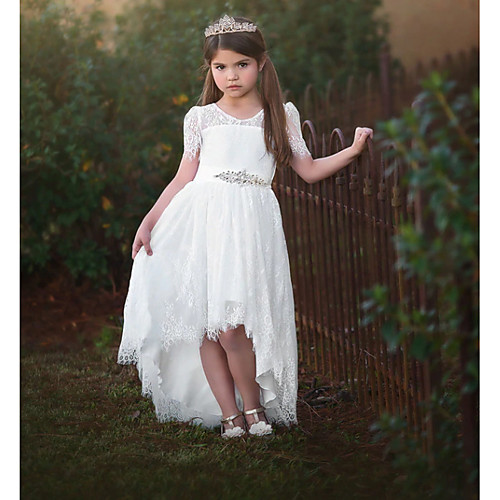 

A-Line Asymmetrical Wedding Flower Girl Dresses - Satin / Taffeta / Tulle Short Sleeve V Neck with Sash / Ribbon / Tier / Solid