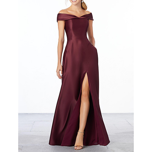 

Sheath / Column Off Shoulder Floor Length Satin Bridesmaid Dress with Pleats / Split Front
