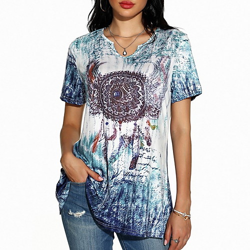 

Women's Geometric Print T-shirt Daily Shirt Collar Blue / Red / Green