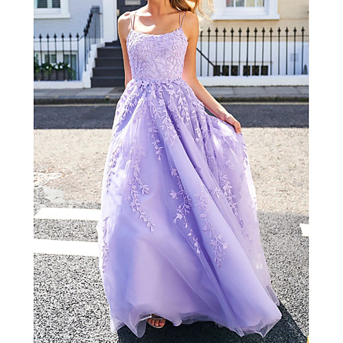 

A-Line Floral Engagement Prom Dress Spaghetti Strap Sleeveless Sweep / Brush Train Polyester with Appliques 2021