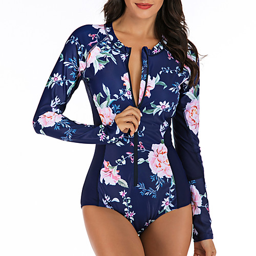 

Women's One Piece Swimsuit Swimwear Thermal Warm SPF50 Quick Dry Stretchy Long Sleeve Front Zip - Swimming Surfing Water Sports Floral Autumn / Fall Spring Summer / Breathable / Breathable