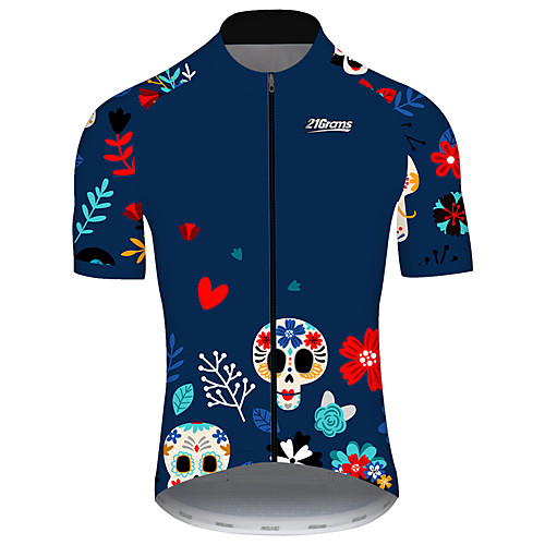 

21Grams Men's Short Sleeve Cycling Jersey Blue Geometic Skull Floral Botanical Bike Jersey Top Mountain Bike MTB Road Bike Cycling UV Resistant Breathable Quick Dry Sports Clothing Apparel / Stretchy