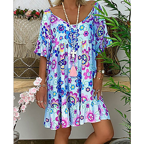

Women's Shift Dress - Short Sleeves Print V Neck Loose White Red Green Light Blue S M L XL XXL XXXL XXXXL XXXXXL