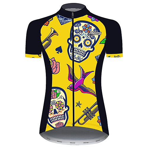

21Grams Women's Short Sleeve Cycling Jersey Spandex Black / Yellow Novelty Skull Floral Botanical Bike Jersey Top Mountain Bike MTB Road Bike Cycling UV Resistant Breathable Quick Dry Sports Clothing
