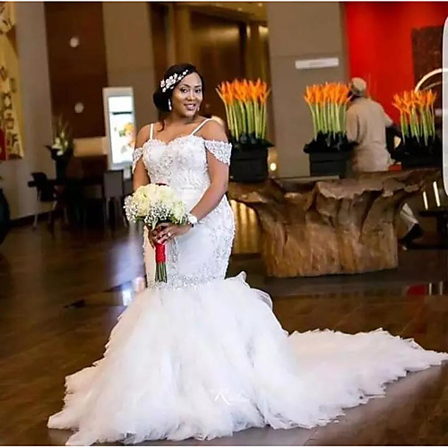 

Mermaid / Trumpet Wedding Dresses Spaghetti Strap Court Train Organza Sleeveless Sexy Wedding Dress in Color with Appliques 2021