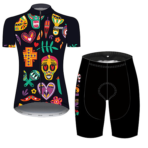 

21Grams Women's Short Sleeve Cycling Jersey with Shorts Black / Blue Skull Floral Botanical Bike Clothing Suit Breathable Quick Dry Ultraviolet Resistant Sweat-wicking Sports Skull Mountain Bike MTB