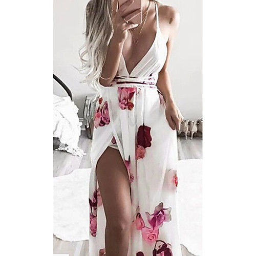 

Women's Maxi Sheath Dress - Sleeveless Print Halter Neck White S M L XL XXL