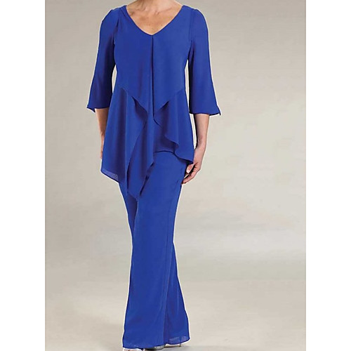 

Pantsuit / Jumpsuit Mother of the Bride Dress Elegant V Neck Floor Length Chiffon 3/4 Length Sleeve with Ruffles 2021