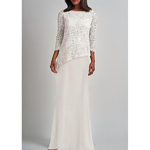 

Sheath / Column Mother of the Bride Dress Elegant Jewel Neck Floor Length Chiffon Lace 3/4 Length Sleeve with Lace Appliques 2021