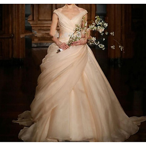 

Ball Gown Wedding Dresses V Neck Sweep / Brush Train Polyester Sleeveless Romantic Plus Size with Ruched Draping 2021