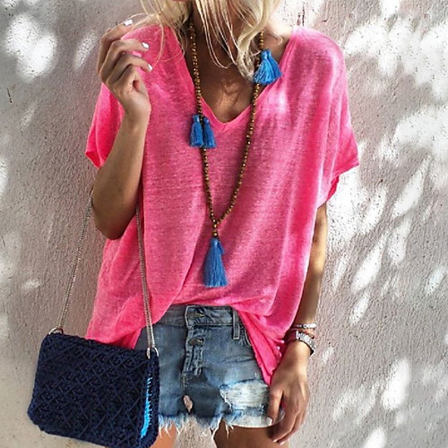 

Women's Solid Colored Patchwork Loose T-shirt Daily V Neck Wine / White / Black / Purple / Blushing Pink / Army Green / Fuchsia / Orange