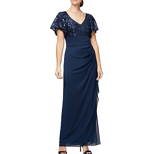 

Sheath / Column Mother of the Bride Dress Elegant V Neck Floor Length Chiffon Lace Short Sleeve with Pleats Sequin Appliques 2021