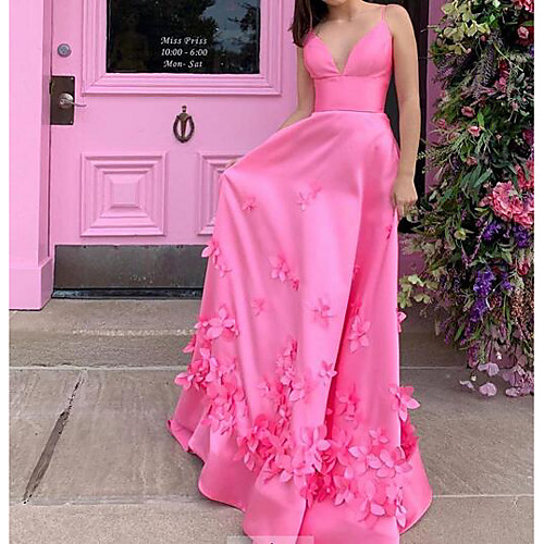 

A-Line Floral Engagement Prom Dress Spaghetti Strap Sleeveless Sweep / Brush Train Satin with Appliques 2021