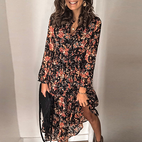 

Women's A Line Dress - Long Sleeve Floral Black S M L XL XXL