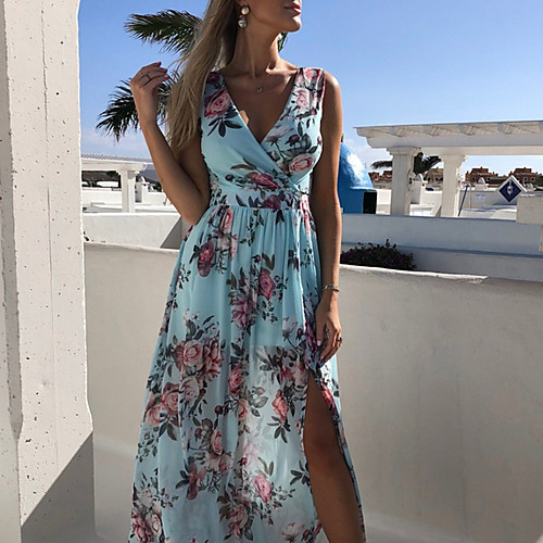 

Women's Maxi A Line Dress - Sleeveless Floral V Neck Blushing Pink Light Blue S M L XL XXL