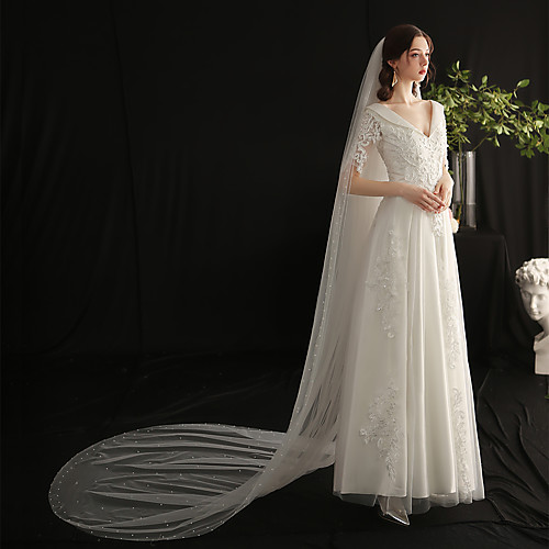 

Two-tier Elegant & Luxurious Wedding Veil Cathedral Veils with Faux Pearl Tulle / Angel cut / Waterfall