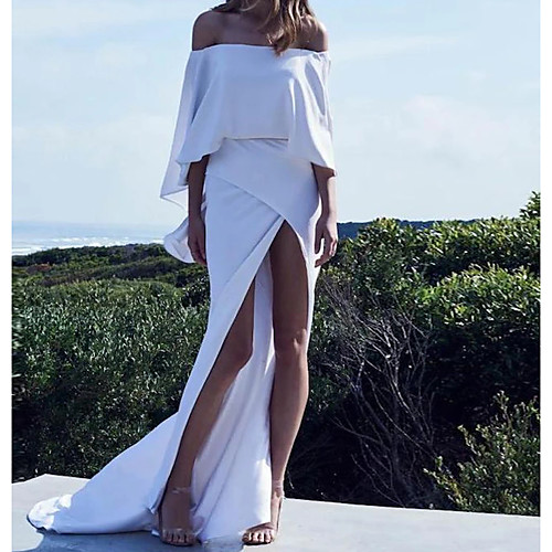 

Sheath / Column White Sexy Party Wear Prom Dress Off Shoulder Long Sleeve Court Train Stretch Satin with Sleek Split 2021