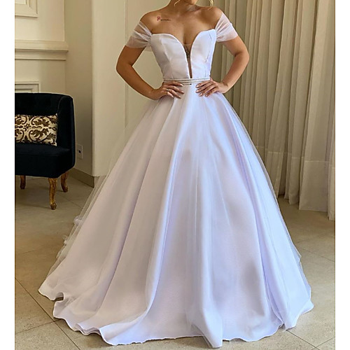 

A-Line Wedding Dresses Off Shoulder Sweep / Brush Train Tulle Polyester Short Sleeve Country Plus Size with Crystal Brooch 2021