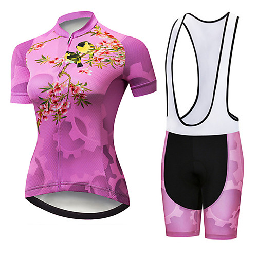 

21Grams Women's Short Sleeve Cycling Jersey with Bib Shorts Spandex Polyester Pink / Black Floral Botanical Bird Gear Bike Clothing Suit Breathable 3D Pad Quick Dry Ultraviolet Resistant Sweat-wicking