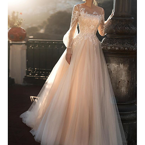 

A-Line Wedding Dresses Jewel Neck Sweep / Brush Train Tulle Polyester Long Sleeve Country Plus Size Illusion Sleeve with Embroidery Appliques 2021