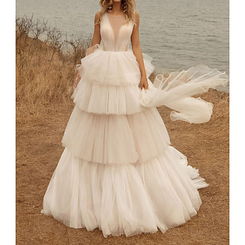 

A-Line Wedding Dresses Jewel Neck Sweep / Brush Train Tulle Polyester Sleeveless Country Plus Size with Cascading Ruffles 2021