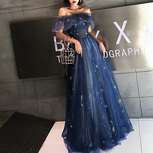 

A-Line Sparkle Blue Prom Formal Evening Dress Off Shoulder Short Sleeve Floor Length Polyester with Tier Embroidery 2020