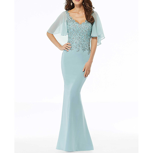 

Mermaid / Trumpet Mother of the Bride Dress Sexy Scalloped Neckline Sweep / Brush Train Chiffon Half Sleeve with Beading Appliques 2021