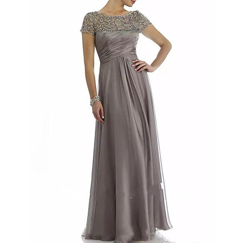 

A-Line Mother of the Bride Dress Elegant Bateau Neck Floor Length Chiffon Short Sleeve with Pleats Beading Ruffles 2021