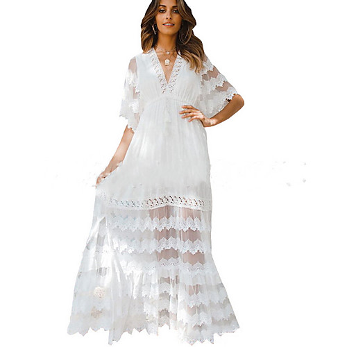 

Women's Maxi Tunic Dress - Half Sleeve Solid Color V Neck White S M L XL