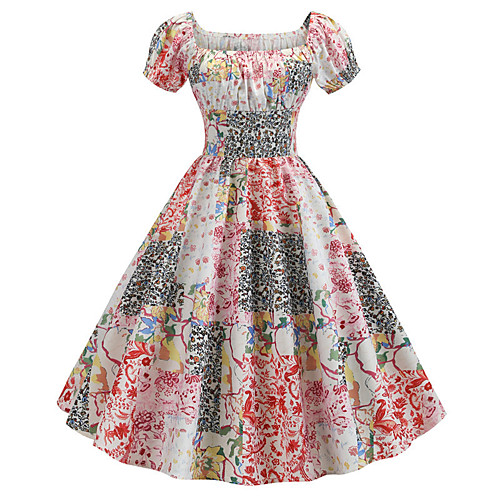 

Women's Swing Dress - Short Sleeves Print Patchwork Print Square Neck Active Cute Party Daily Lantern Sleeve Rainbow S M L XL XXL / Cotton