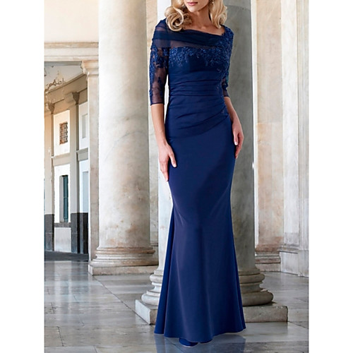 

Sheath / Column Mother of the Bride Dress Elegant Bateau Neck Floor Length Lace Satin 3/4 Length Sleeve with Lace Appliques 2021